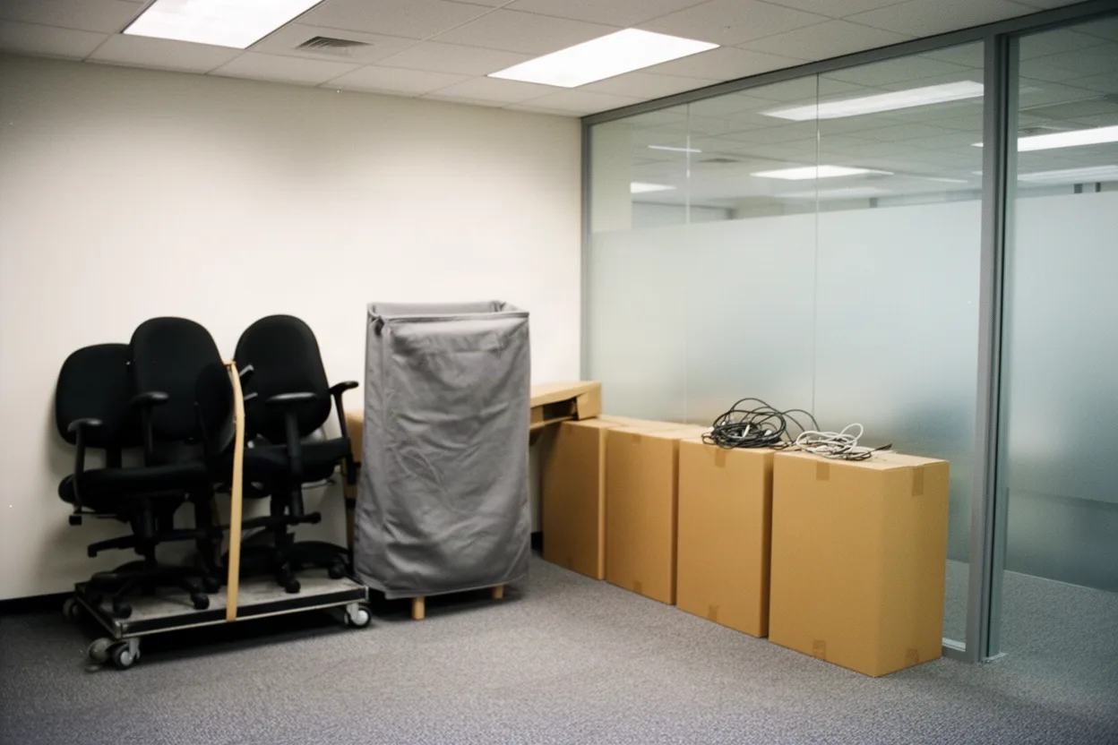 Stacked office chairs and a blanket-wrapped desk mid-move in a vacated office suite