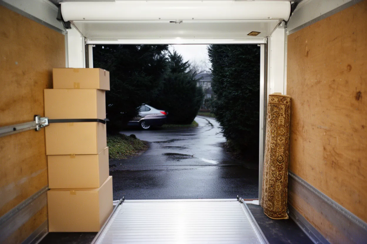 Looking out the open rear of a moving truck at stacked boxes and a loading ramp onto a wet street