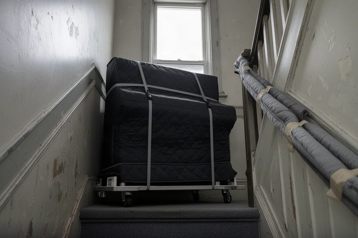 A blanket-wrapped upright piano on a skid board at a tight stair landing