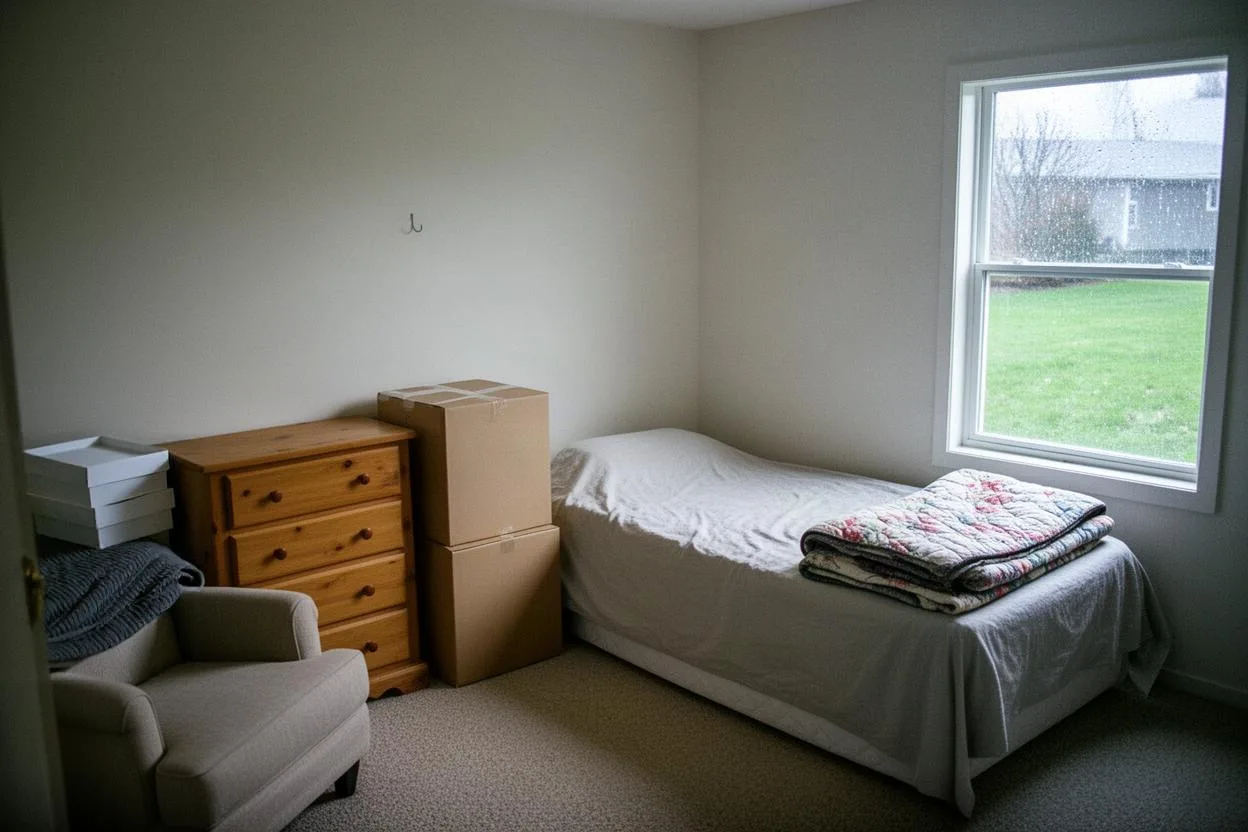 A downsized bedroom with folded quilt and stacked blank boxes